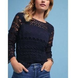 ANTHRO Deletta Navy Crochet Lace Top